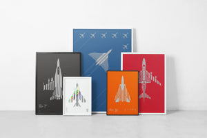 GrafikAircraft Collection framed screenrpints, featuring the FA/18,Vulcan and Red Arrows, F14 and an Holographic Lightning.