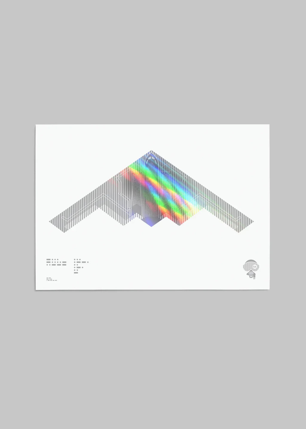 Holographic foil print of the B-2 Spirit stealth bomber with a unique flying wing design and Morse code typography, displayed on digital paper in A4 size (210 x 297 mm), unframed.