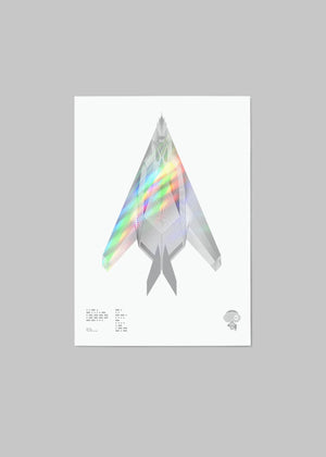Minimalist artwork of the F-117 Nighthawk, featuring bold graphic lines and Morse code typography. Screenprinted in metallic silver ink on premium Plike paper, displayed unframed in a modern home office setting.