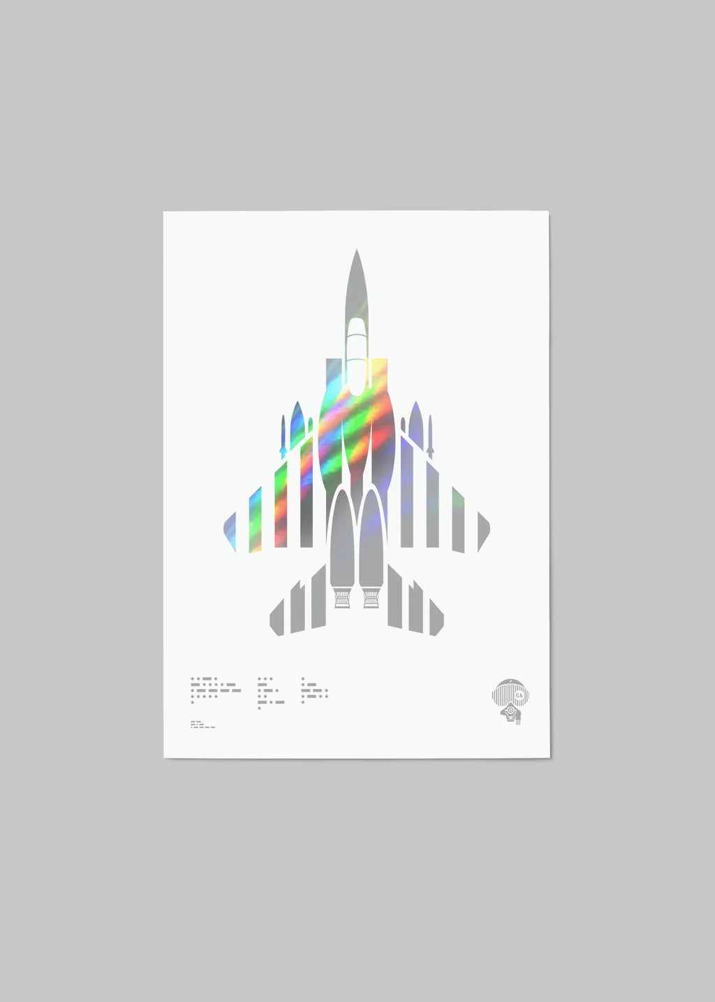 Holographic foil print of the F-15E Strike Eagle fighter jet, featuring a sleek design with Morse code typography on A4 digital paper (210 x 297 mm), unframed.