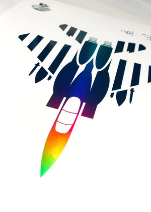 Holographic foil print of the F-15E Strike Eagle fighter jet, featuring a sleek design with Morse code typography on A4 digital paper (210 x 297 mm), unframed.