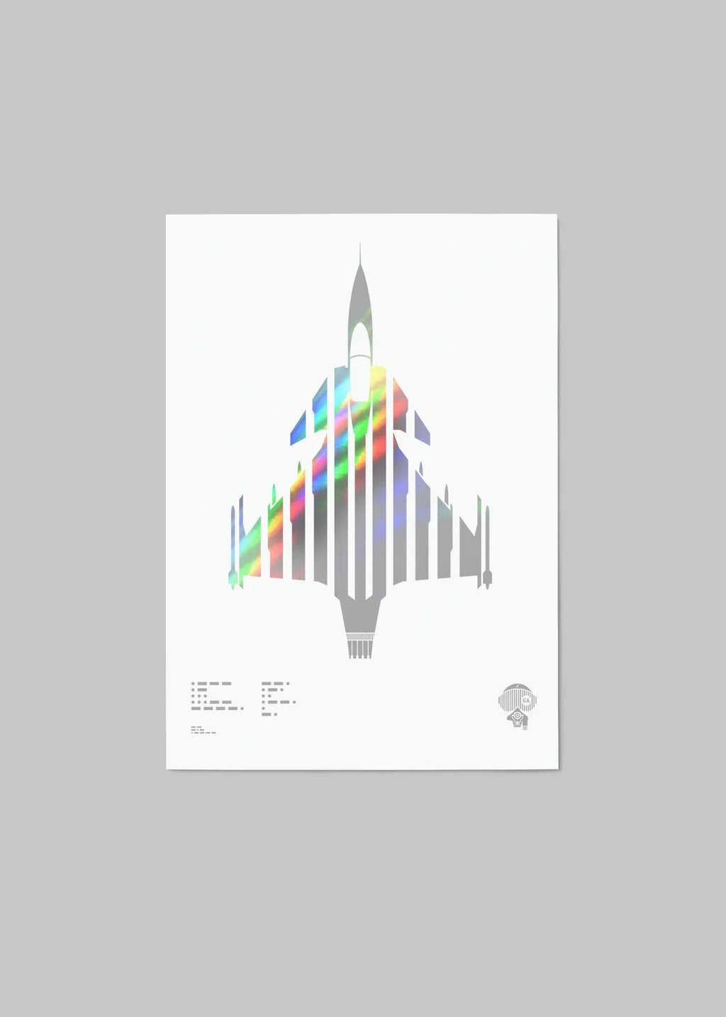 Holographic foil print of the JAS Gripen aircraft, featuring a sleek design with Morse code typography on A4 digital paper (210 x 297 mm), unframed.