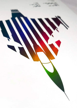 Holographic foil print of the JAS Gripen aircraft, featuring a sleek design with Morse code typography on A4 digital paper (210 x 297 mm), unframed.