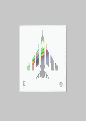 Holographic foil print of the English Electric Lightning aircraft, featuring a sleek design with Morse code typography on A4 digital paper (210 x 297 mm), unframed.