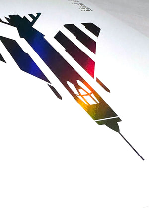 Holographic foil print of the English Electric Lightning aircraft, featuring a sleek design with Morse code typography on A4 digital paper (210 x 297 mm), unframed.