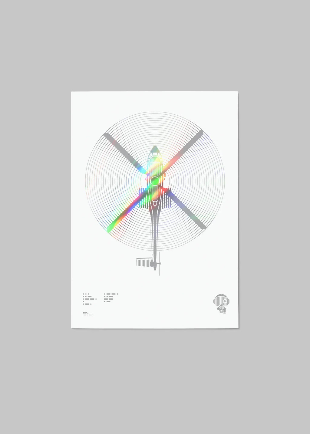 Holographic foil print of the Super Puma helicopter, featuring a robust design with Morse code typography on A4 digital paper (210 x 297 mm), unframed.