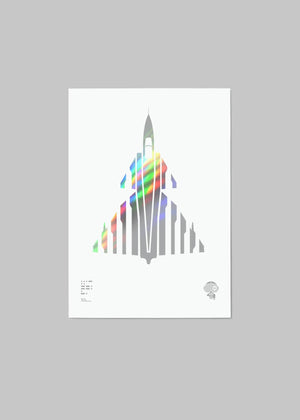 Holographic foil print of the Saab 37 Viggen aircraft, featuring a sleek design with Morse code typography on A4 digital paper (210 x 297 mm), unframed.
