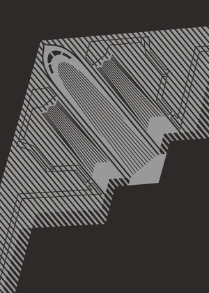 Minimalist artwork of the B-2 Spirit, featuring bold graphic lines and Morse code typography. Available in metallic silver ink or gloss varnish for a stealth effect on black Plike paper, displayed unframed in a modern home office setting.