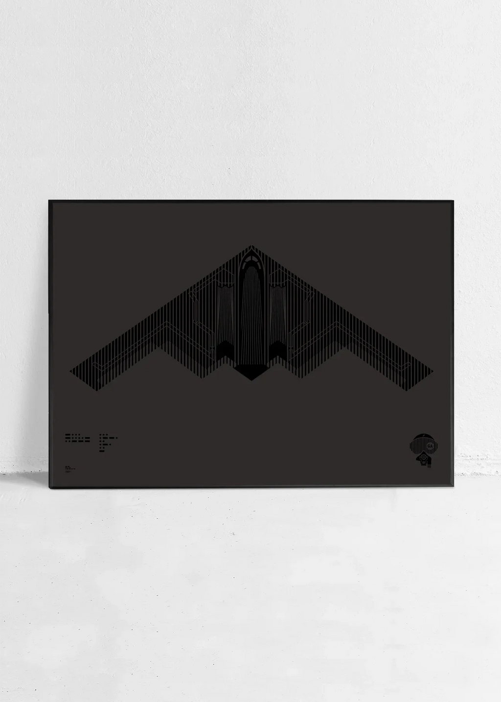 Minimalist artwork of the B-2 Spirit, featuring bold graphic lines and Morse code typography. Available in metallic silver ink or gloss varnish for a stealth effect on black Plike paper, displayed unframed in a modern home office setting.