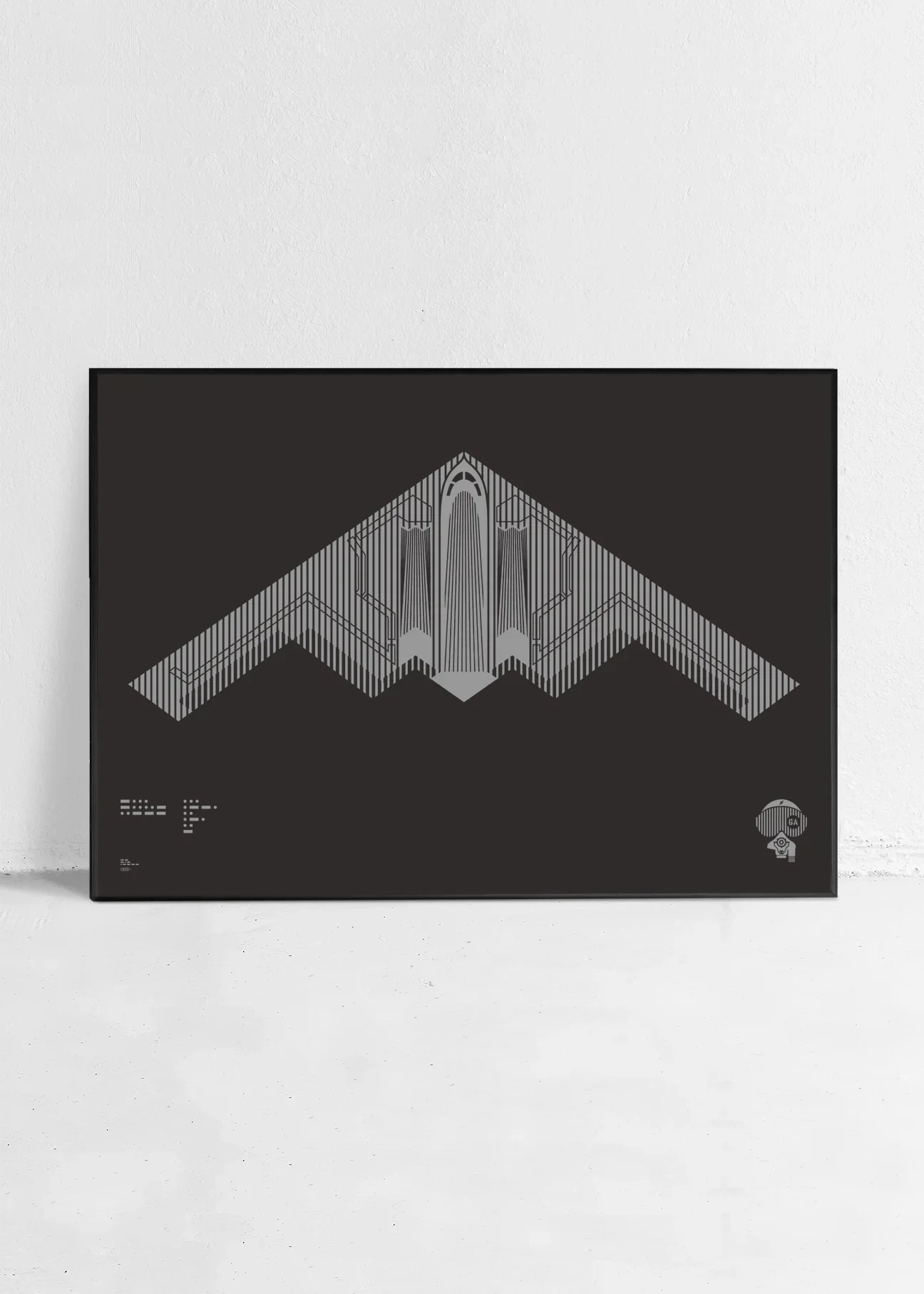 Minimalist artwork of the B-2 Spirit, featuring bold graphic lines and Morse code typography. Available in metallic silver ink or gloss varnish for a stealth effect on black Plike paper, displayed unframed in a modern home office setting.