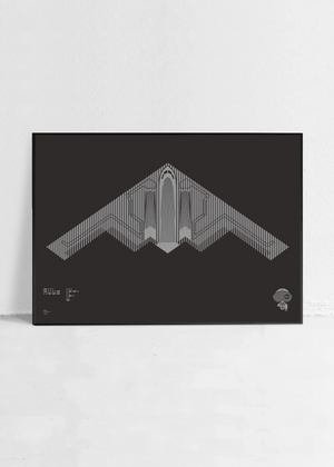 Minimalist artwork of the B-2 Spirit, featuring bold graphic lines and Morse code typography. Available in metallic silver ink or gloss varnish for a stealth effect on black Plike paper, displayed unframed in a modern home office setting.