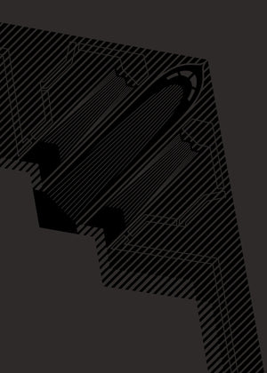 Minimalist artwork of the B-2 Spirit, featuring bold graphic lines and Morse code typography. Available in metallic silver ink or gloss varnish for a stealth effect on black Plike paper, displayed unframed in a modern home office setting.