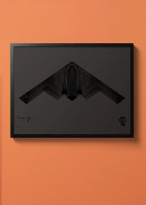Minimalist artwork of the B-2 Spirit, featuring bold graphic lines and Morse code typography. Available in metallic silver ink or gloss varnish for a stealth effect on black Plike paper, displayed unframed in a modern home office setting.