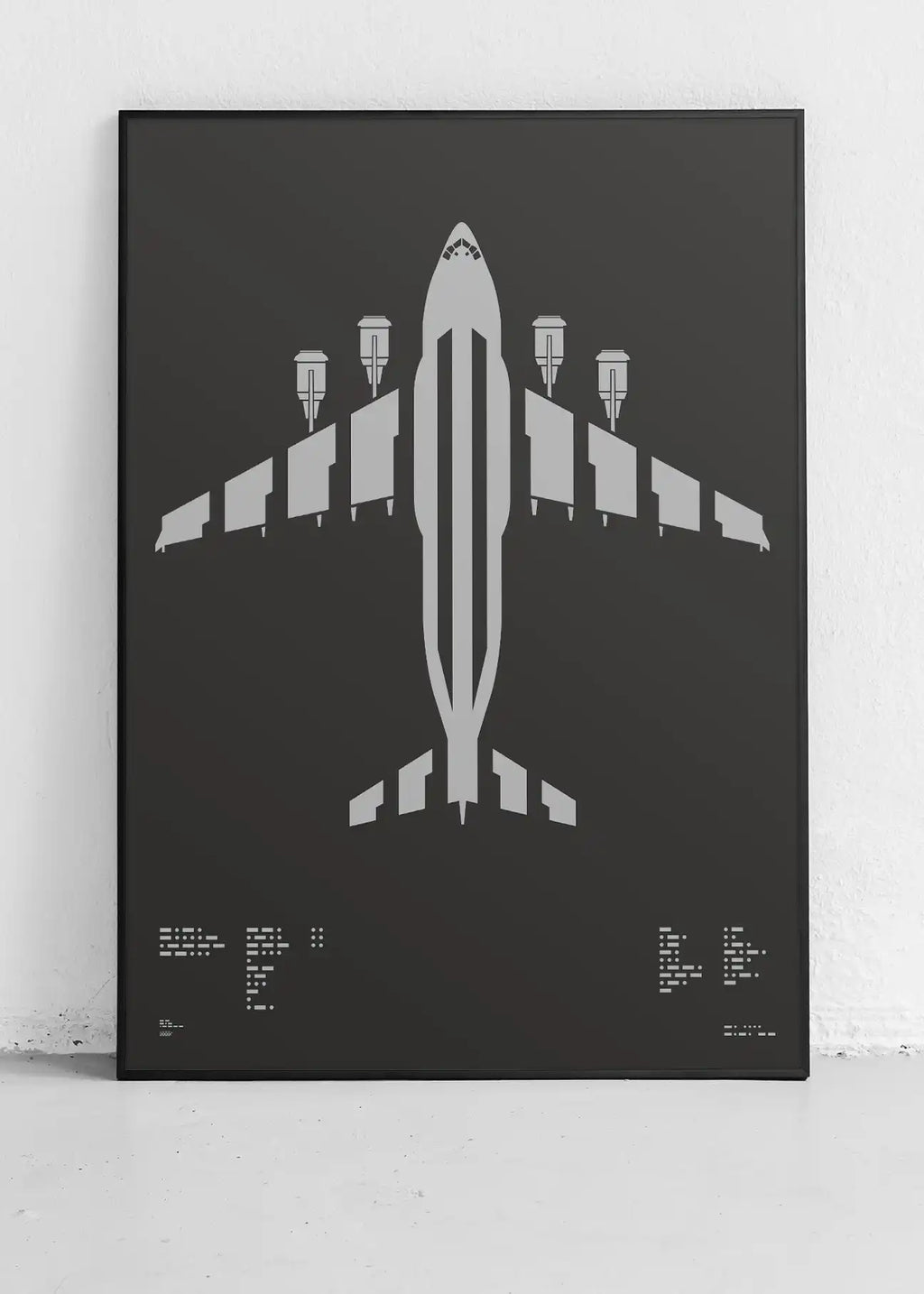 Minimalist artwork of the C-17 Globemaster II, featuring bold graphic lines and Morse code typography. Screenprinted in metallic silver ink on premium Plike paper, displayed unframed in a modern home office setting.