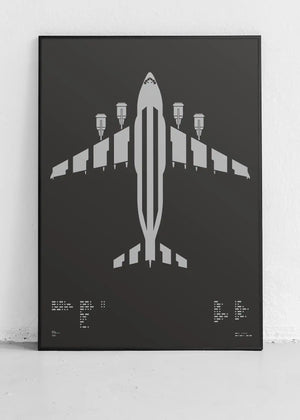Minimalist artwork of the C-17 Globemaster II, featuring bold graphic lines and Morse code typography. Screenprinted in metallic silver ink on premium Plike paper, displayed unframed in a modern home office setting.