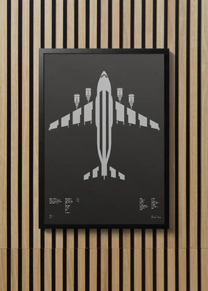 Minimalist artwork of the C-17 Globemaster II, featuring bold graphic lines and Morse code typography. Screenprinted in metallic silver ink on premium Plike paper, displayed unframed in a modern home office setting.