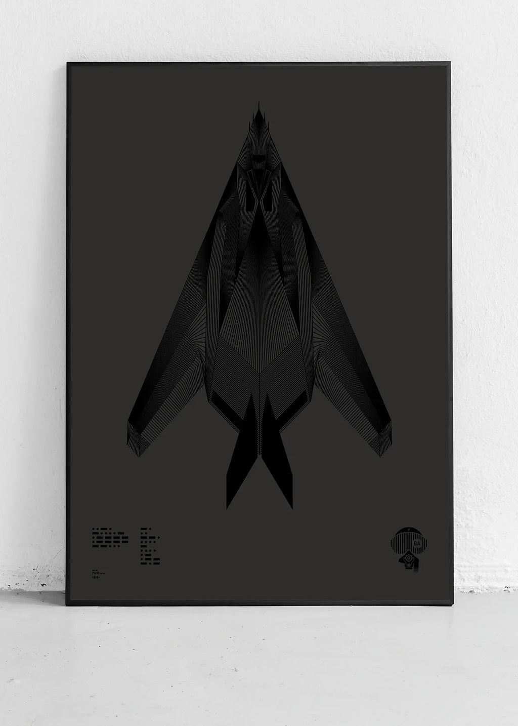 Minimalist artwork of the F-117 Nighthawk, featuring bold graphic lines and Morse code typography. Available in metallic silver ink or gloss varnish for a stealth effect on black Plike paper, displayed unframed in a modern home office setting.