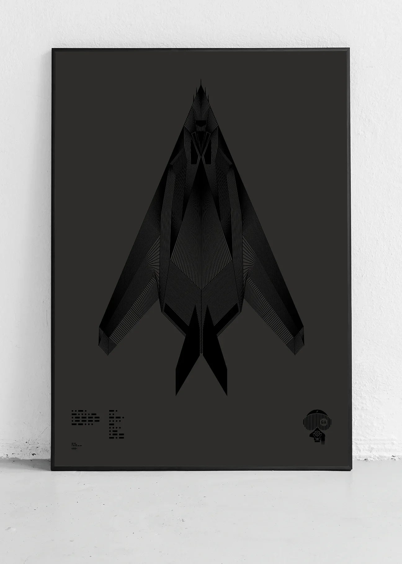 Minimalist artwork of the F-117 Nighthawk, featuring bold graphic lines and Morse code typography. Available in metallic silver ink or gloss varnish for a stealth effect on black Plike paper, displayed unframed in a modern home office setting.