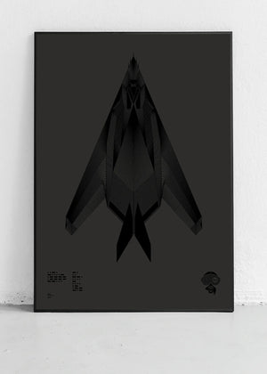 Minimalist artwork of the F-117 Nighthawk, featuring bold graphic lines and Morse code typography. Available in metallic silver ink or gloss varnish for a stealth effect on black Plike paper, displayed unframed in a modern home office setting.