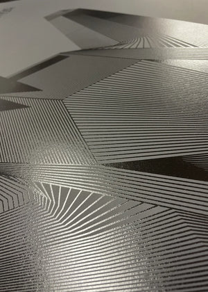 Minimalist artwork of the F-117 Nighthawk, featuring bold graphic lines and Morse code typography. Available in metallic silver ink or gloss varnish for a stealth effect on black Plike paper, displayed unframed in a modern home office setting.