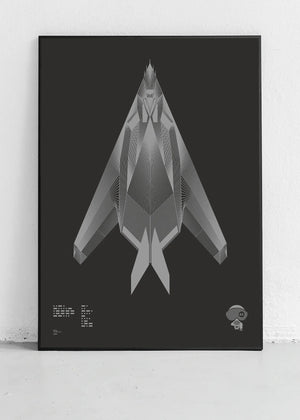 Minimalist artwork of the F-117 Nighthawk, featuring bold graphic lines and Morse code typography. Available in metallic silver ink or gloss varnish for a stealth effect on black Plike paper, displayed unframed in a modern home office setting.