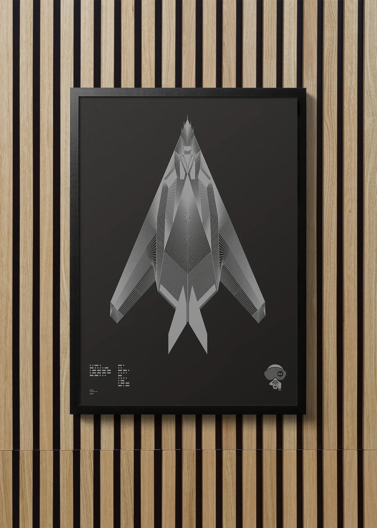 Minimalist artwork of the C-17 Globemaster II, featuring bold graphic lines and Morse code typography. Screenprinted in metallic silver ink on premium Plike paper, displayed unframed in a modern home office setting.