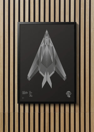 Minimalist artwork of the C-17 Globemaster II, featuring bold graphic lines and Morse code typography. Screenprinted in metallic silver ink on premium Plike paper, displayed unframed in a modern home office setting.