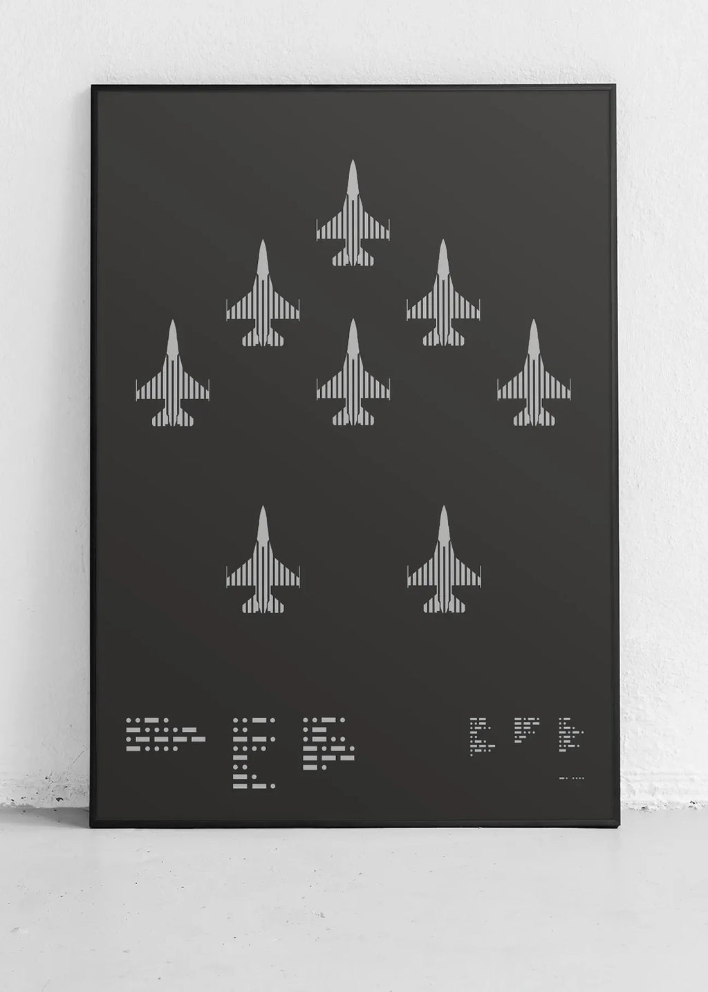 A minimalist graphic representation of the F-16 Fighting Falcon, featuring bold lines and Morse code typography, printed in metallic silver ink on premium Plike paper.