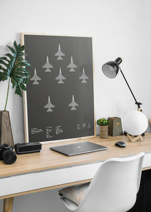A minimalist graphic representation of the F-16 Fighting Falcon, featuring bold lines and Morse code typography, printed in metallic silver ink on premium Plike paper.