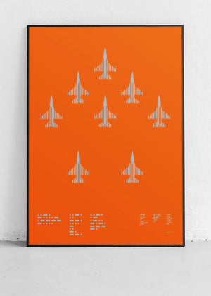 A minimalist graphic representation of the F-16 Fighting Falcon, featuring bold lines and Morse code typography, printed in metallic silver ink on premium Plike paper.