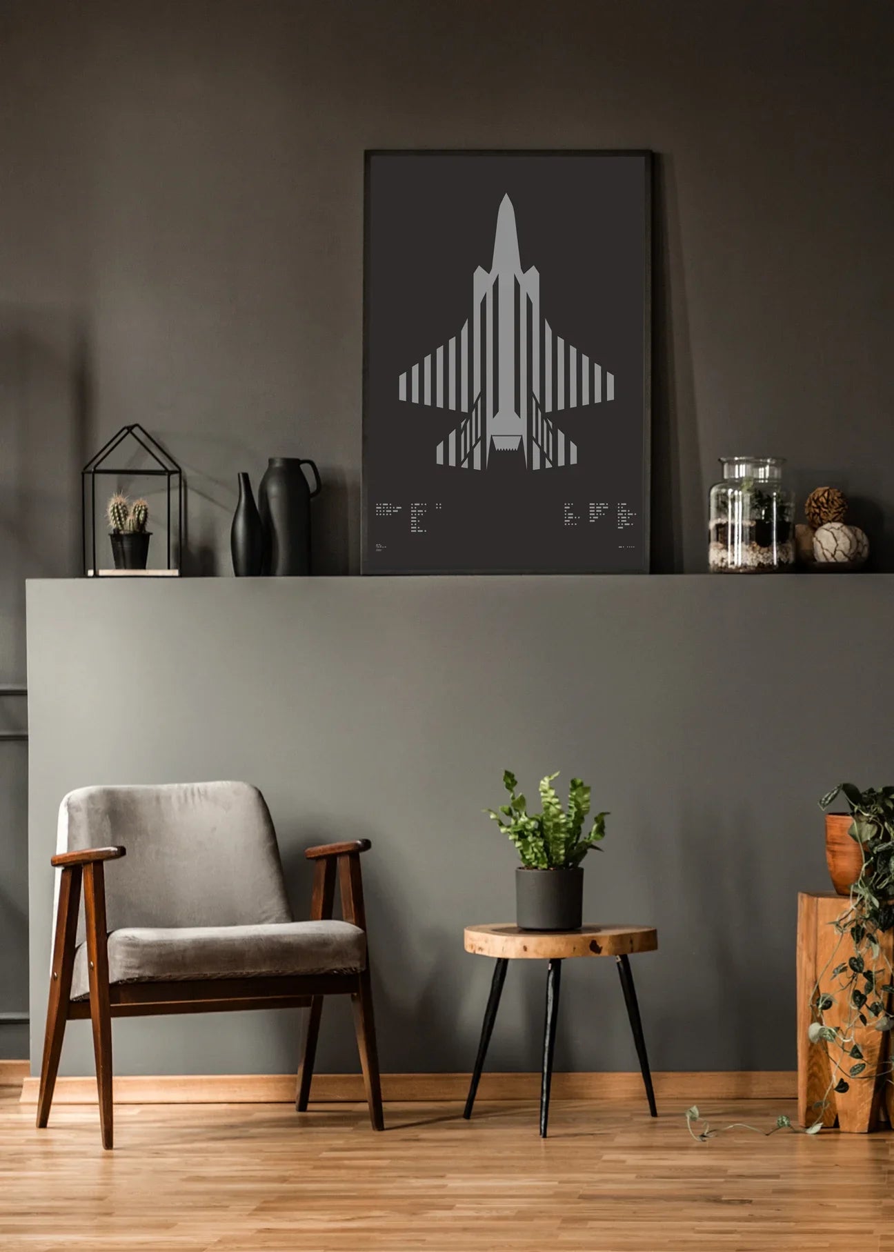 Minimalist artwork of the F-35 Lightning II stealth fighter, featuring bold graphic lines and Morse code typography. Screenprinted using metallic silver ink on premium Plike paper, displayed in a modern living room setting.