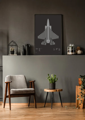Minimalist artwork of the F-35 Lightning II stealth fighter, featuring bold graphic lines and Morse code typography. Screenprinted using metallic silver ink on premium Plike paper, displayed in a modern living room setting.