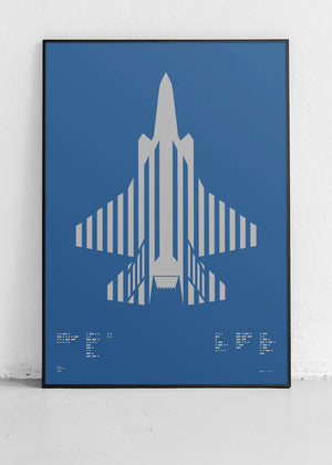 Minimalist artwork of the F-35 Lightning II, featuring bold graphic lines and Morse code typography. Screenprinted in metallic silver ink on premium Plike paper, displayed unframed in a modern home office setting.