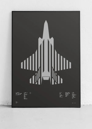 Minimalist artwork of the F-35 Lightning II, featuring bold graphic lines and Morse code typography. Screenprinted in metallic silver ink on premium Plike paper, displayed unframed in a modern home office setting.