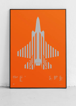 Minimalist artwork of the F-35 Lightning II, featuring bold graphic lines and Morse code typography. Screenprinted in metallic silver ink on premium Plike paper, displayed unframed in a modern home office setting.