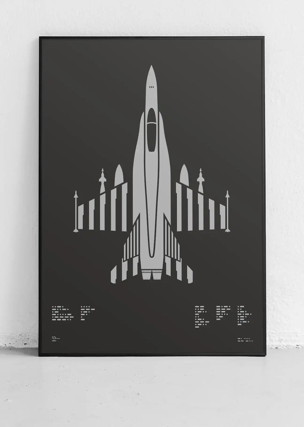  Minimalist artwork of the F/A-18 Hornet, featuring bold graphic lines and Morse code typography. Screenprinted in metallic silver ink on premium Plike paper, displayed unframed in a modern home office setting.