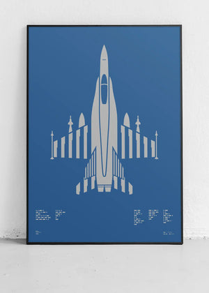  Minimalist artwork of the F/A-18 Hornet, featuring bold graphic lines and Morse code typography. Screenprinted in metallic silver ink on premium Plike paper, displayed unframed in a modern home office setting.