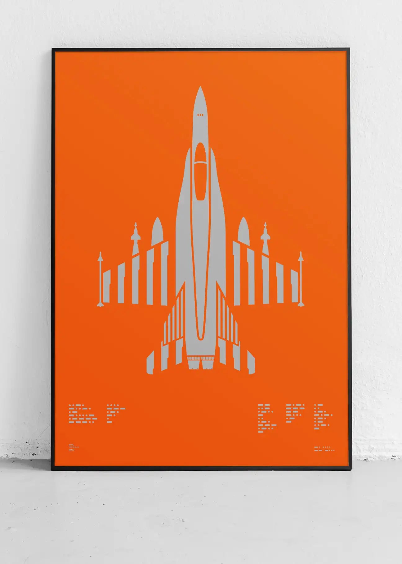  Minimalist artwork of the F/A-18 Hornet, featuring bold graphic lines and Morse code typography. Screenprinted in metallic silver ink on premium Plike paper, displayed unframed in a modern home office setting.