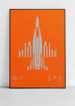  Minimalist artwork of the F/A-18 Hornet, featuring bold graphic lines and Morse code typography. Screenprinted in metallic silver ink on premium Plike paper, displayed unframed in a modern home office setting.