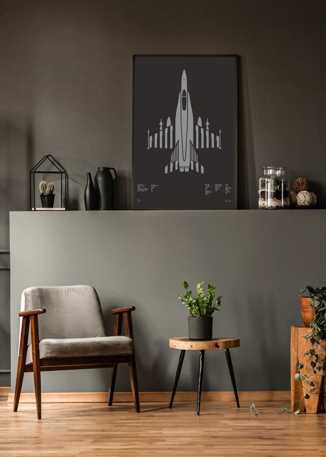 Minimalist artwork of the F/A-18 Hornet multirole fighter, featuring bold graphic lines and Morse code typography. Screenprinted using metallic silver ink on premium Plike paper, displayed in a modern living room setting.