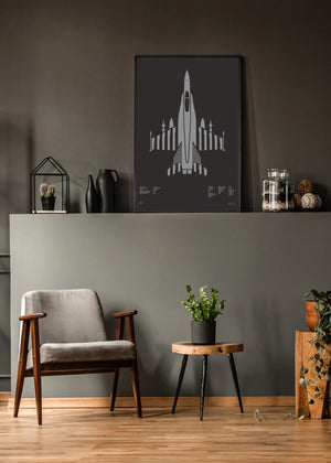 Minimalist artwork of the F/A-18 Hornet multirole fighter, featuring bold graphic lines and Morse code typography. Screenprinted using metallic silver ink on premium Plike paper, displayed in a modern living room setting.