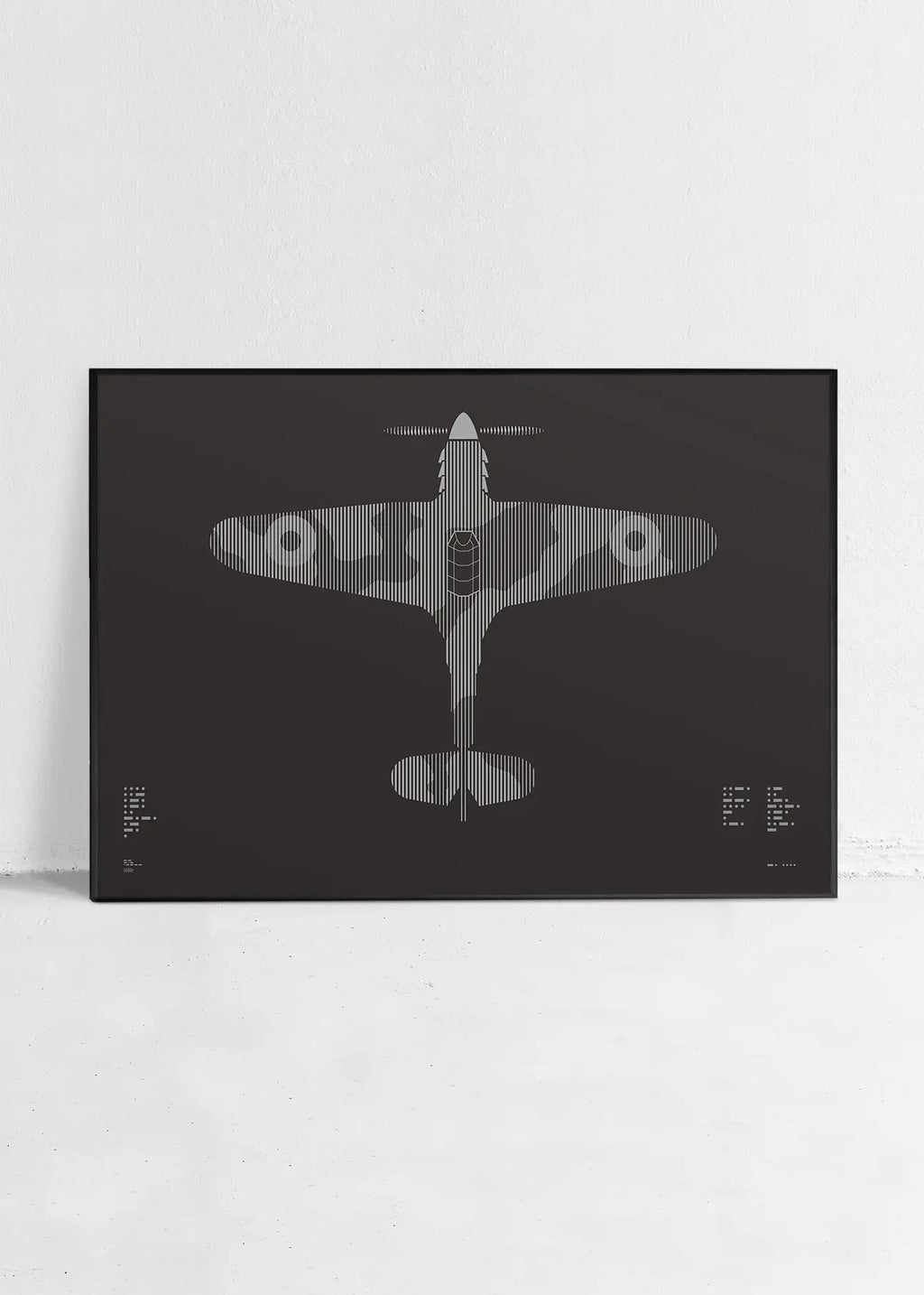Minimalist artwork of the Hurricane aircraft, featuring bold graphic lines and Morse code typography. Screenprinted in metallic silver ink on premium Plike paper, displayed unframed in a modern home office setting.