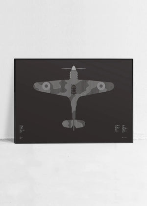 Minimalist artwork of the Hurricane aircraft, featuring bold graphic lines and Morse code typography. Screenprinted in metallic silver ink on premium Plike paper, displayed unframed in a modern home office setting.