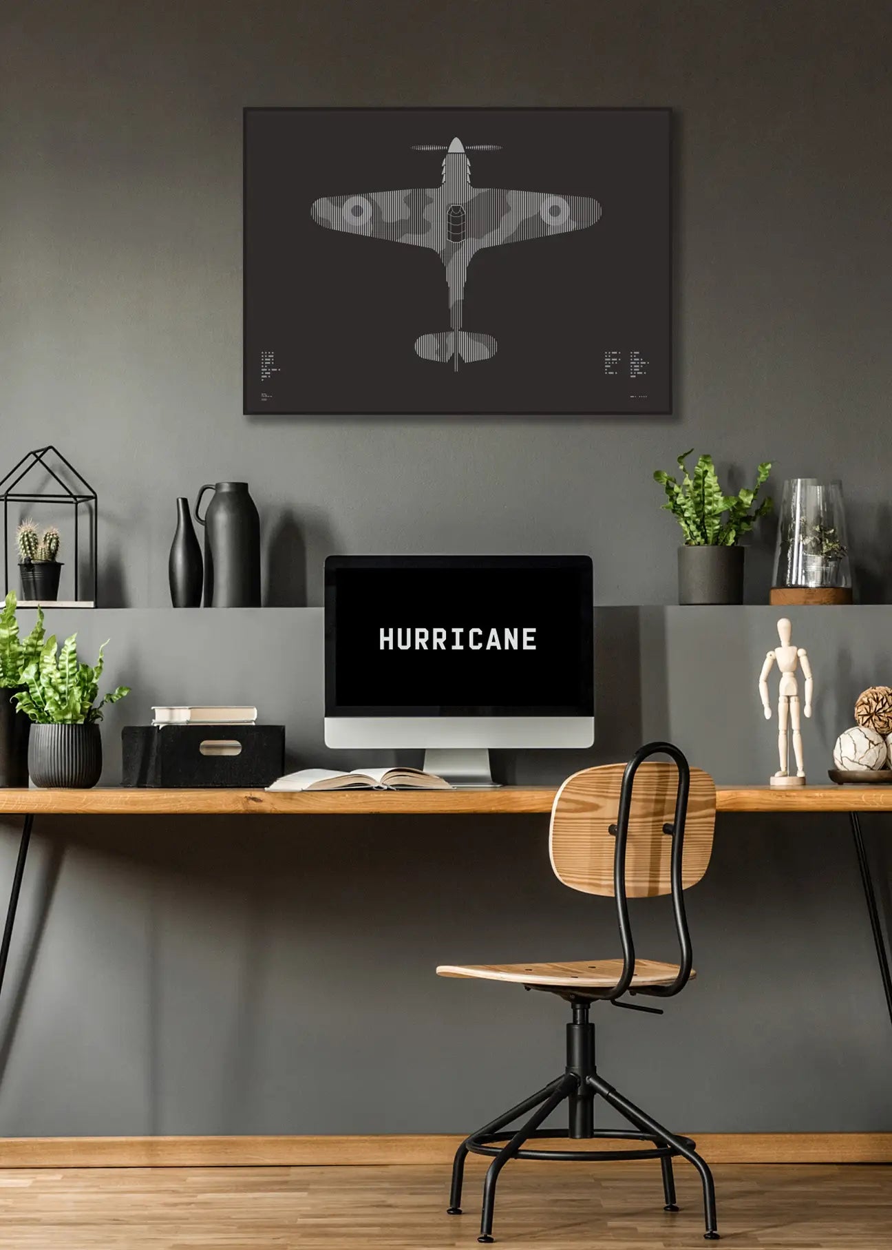 Minimalist artwork of the Hurricane aircraft, featuring bold graphic lines and Morse code typography. Screenprinted in metallic silver ink on premium Plike paper, displayed unframed in a modern home office setting.