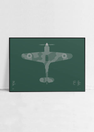 Minimalist artwork of the Hurricane aircraft, featuring bold graphic lines and Morse code typography. Screenprinted in metallic silver ink on premium Plike paper, displayed unframed in a modern home office setting.