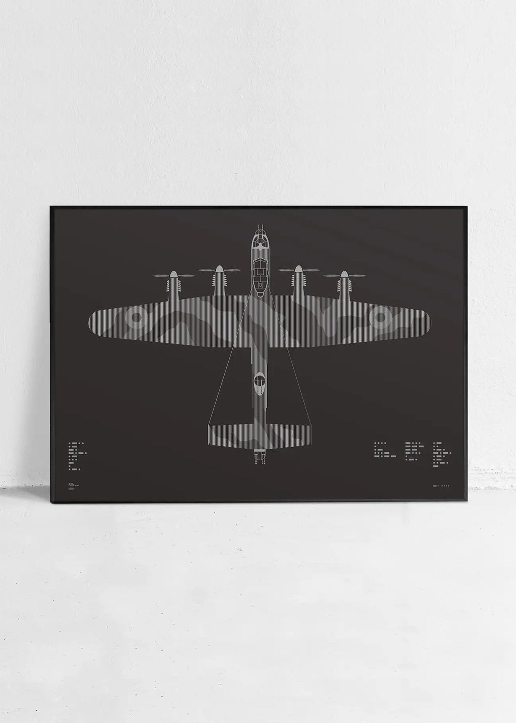 Minimalist artwork of the Lancaster, featuring bold graphic lines and Morse code typography. Screenprinted in metallic silver ink on premium Plike paper, displayed unframed in a modern home office setting.