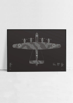 Minimalist artwork of the Lancaster, featuring bold graphic lines and Morse code typography. Screenprinted in metallic silver ink on premium Plike paper, displayed unframed in a modern home office setting.