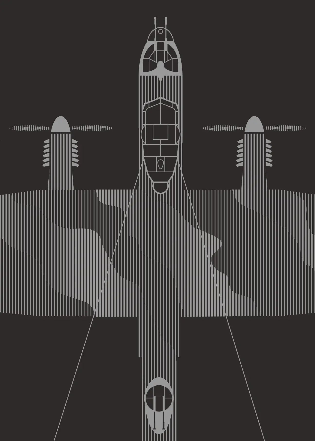 Minimalist artwork of the Lancaster, featuring bold graphic lines and Morse code typography. Screenprinted in metallic silver ink on premium Plike paper, displayed unframed in a modern home office setting.