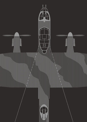 Minimalist artwork of the Lancaster, featuring bold graphic lines and Morse code typography. Screenprinted in metallic silver ink on premium Plike paper, displayed unframed in a modern home office setting.