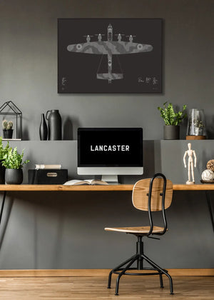 Minimalist artwork of the Lancaster, featuring bold graphic lines and Morse code typography. Screenprinted in metallic silver ink on premium Plike paper, displayed unframed in a modern home office setting.